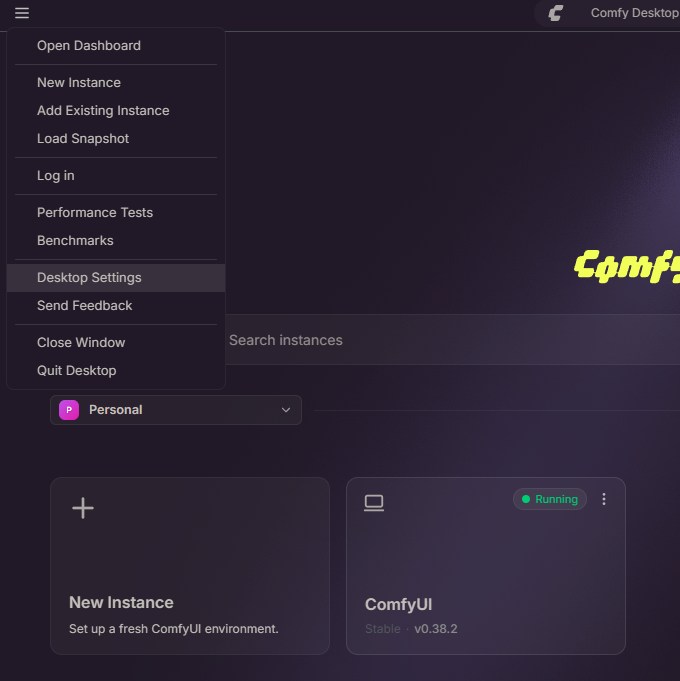 Comfy Desktopメニュー