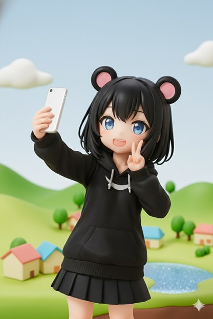 自撮りする「くろくまちゃん」のフィギュア風画像