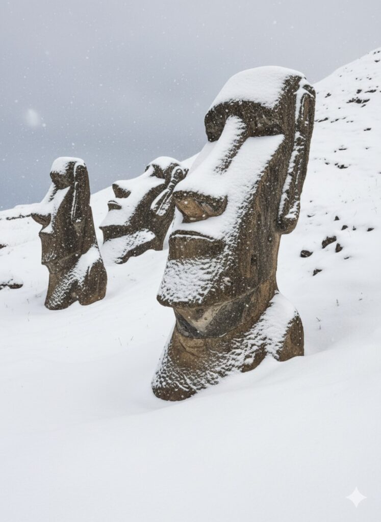 Geminiでイースター島の景色を雪景色にした場合の例