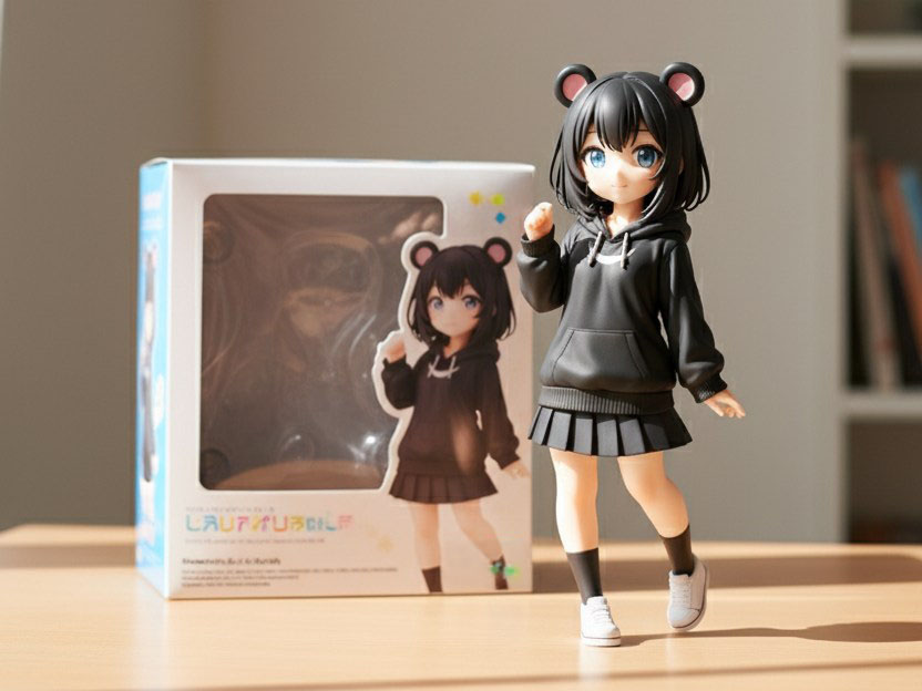 生成したフィギュアをリアルな環境に配置したような画像の例