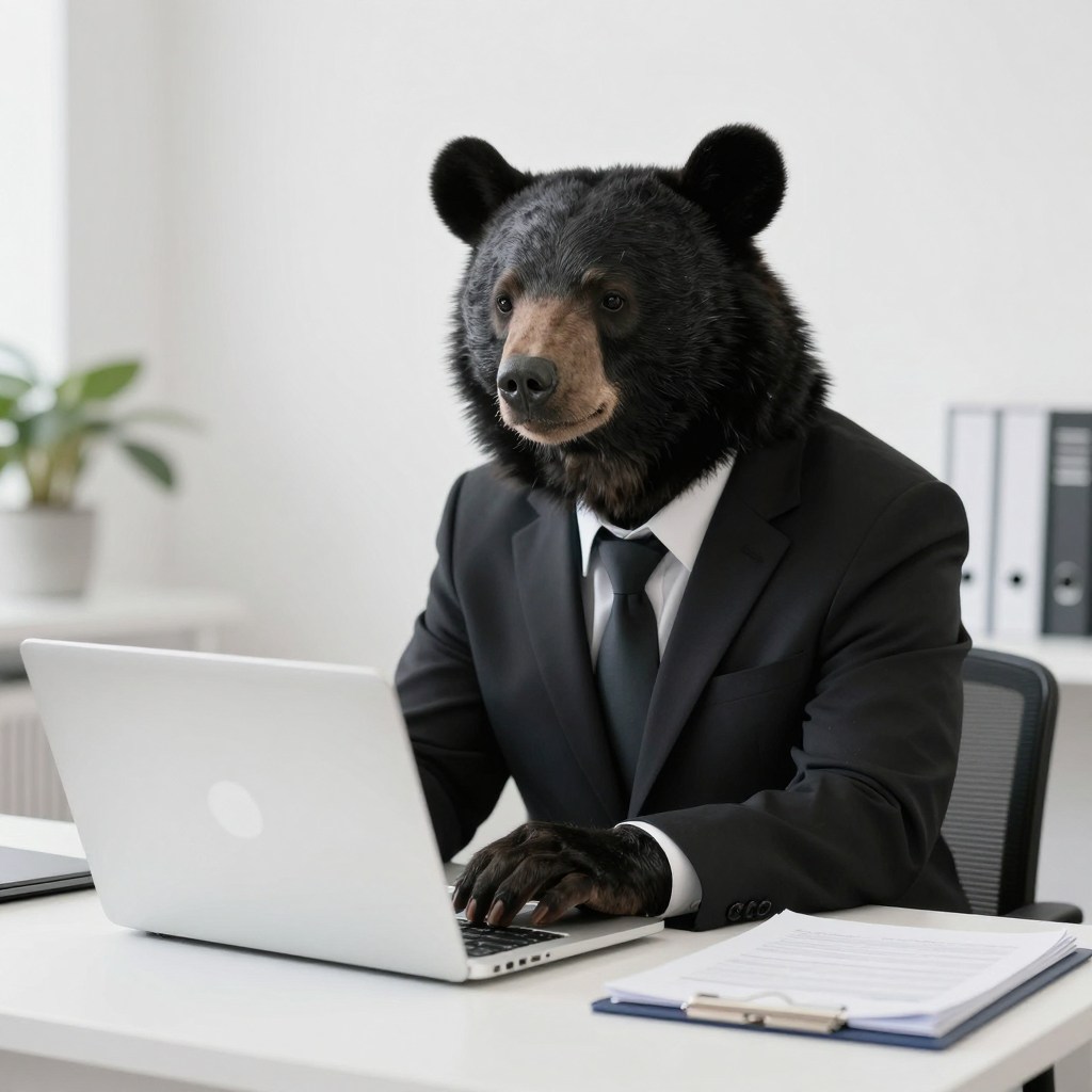 Z-Image-Turboで生成した、スーツを着た黒い熊の画像の例