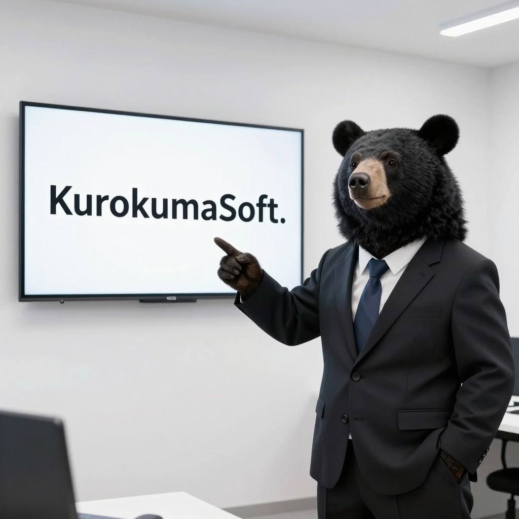 Z-Image-Turboで生成した、スーツを着た黒い熊がプレゼンを行っている画像