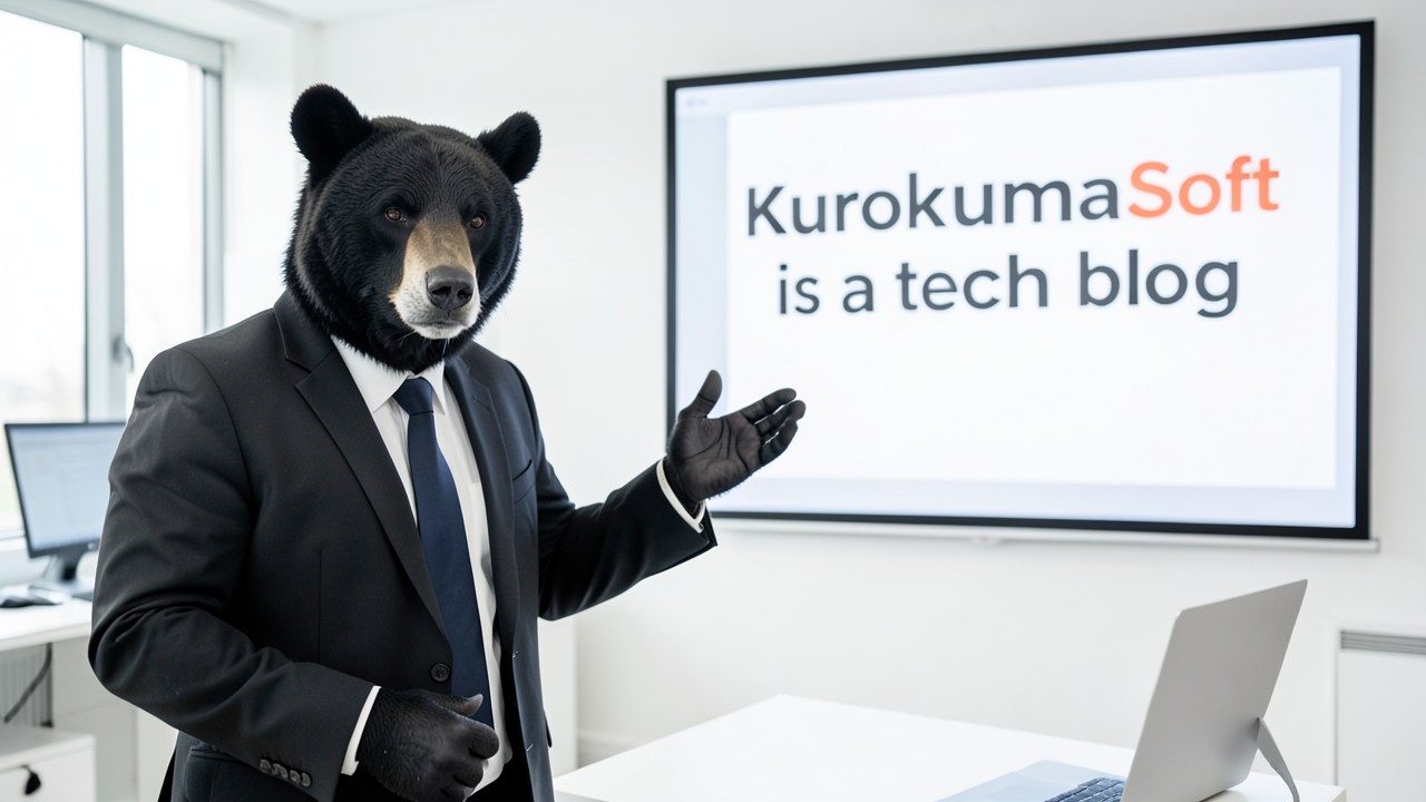 スーツを着た黒い熊がプレゼンしている画像