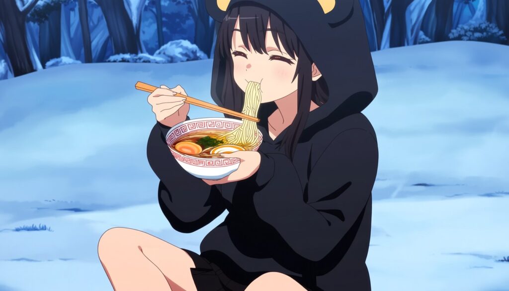 Animaで生成した、真冬の森でラーメンを食べて幸せそうなアニメ風美少女のイラスト(1)
