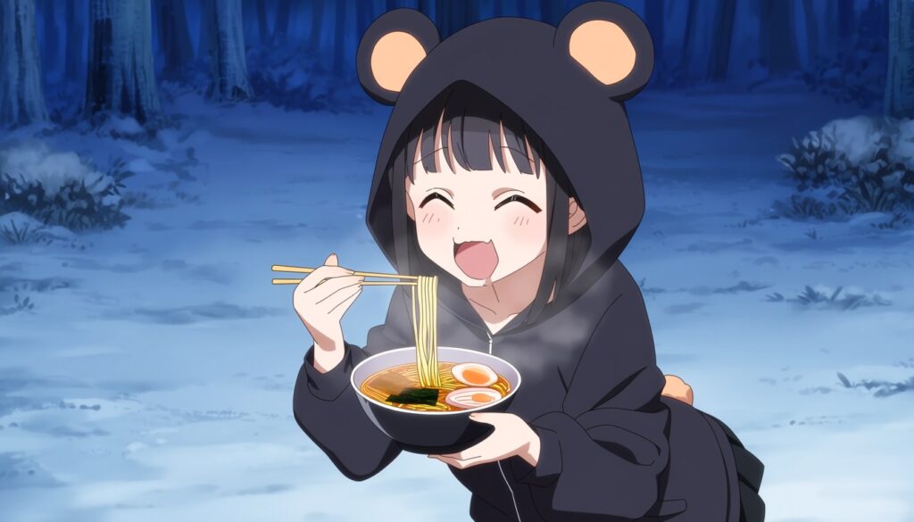 Animaで生成した、真冬の森でラーメンを食べて幸せそうなアニメ風美少女のイラスト(2)