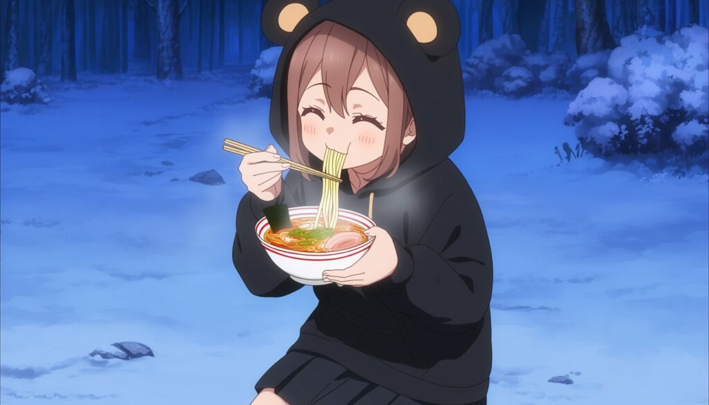 Animaで生成した、真冬の森でラーメンを食べて幸せそうなアニメ風美少女のイラスト(3)