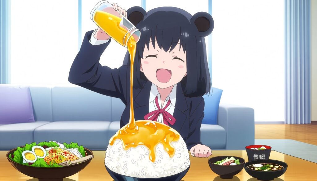 Animaで生成した、ご飯にハチミツをかけまくる女子高生の美少女イラスト(2)