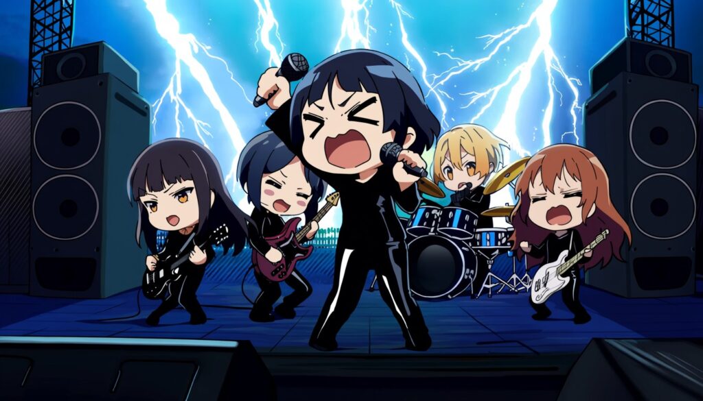 Animaで生成した、雷の中激しく演奏するガールズメタルバンドのイラスト(2)