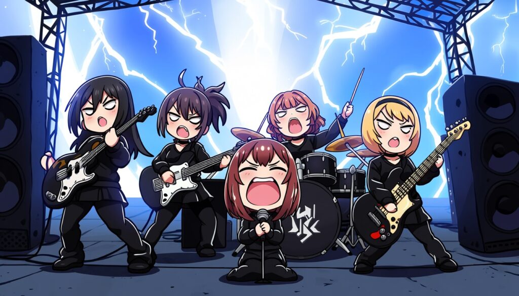 Animaで生成した、雷の中激しく演奏するガールズメタルバンドのイラスト(3)