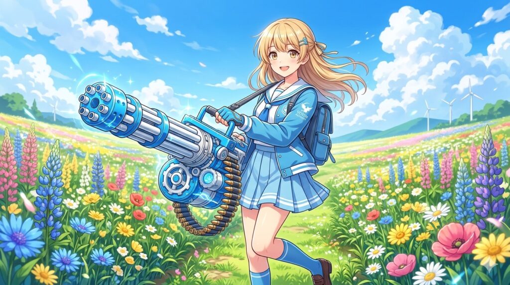 ガトリングガンを持った制服美少女のアニメ風イラスト