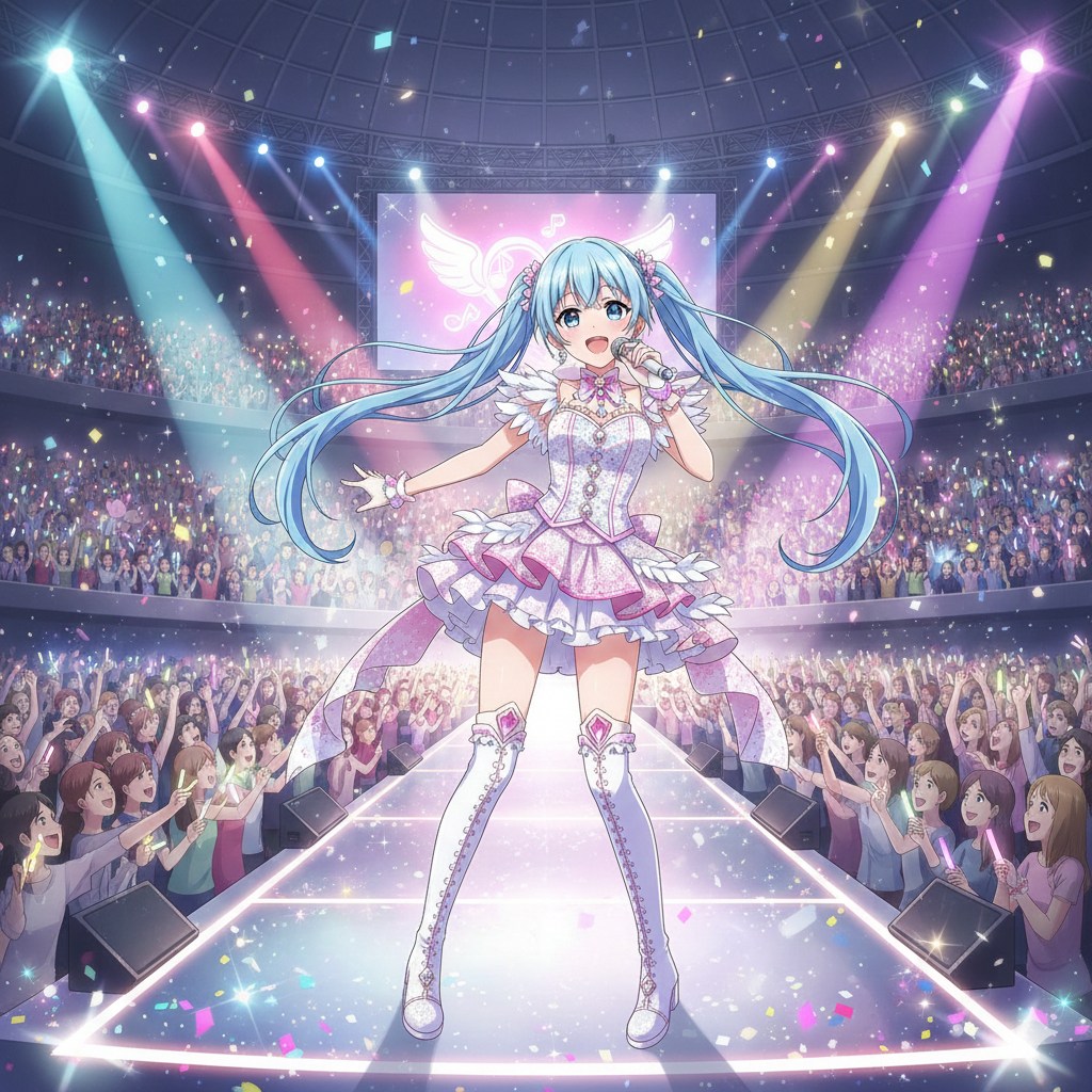 大観衆の中で歌っているアイドルのアニメ風イラスト