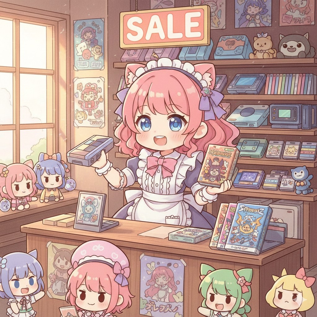 ゲームを販売しているかわいいメイドさんのアニメ風イラスト