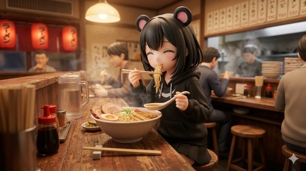 美味しそうにラーメンを食べるくろくまちゃんの画像
