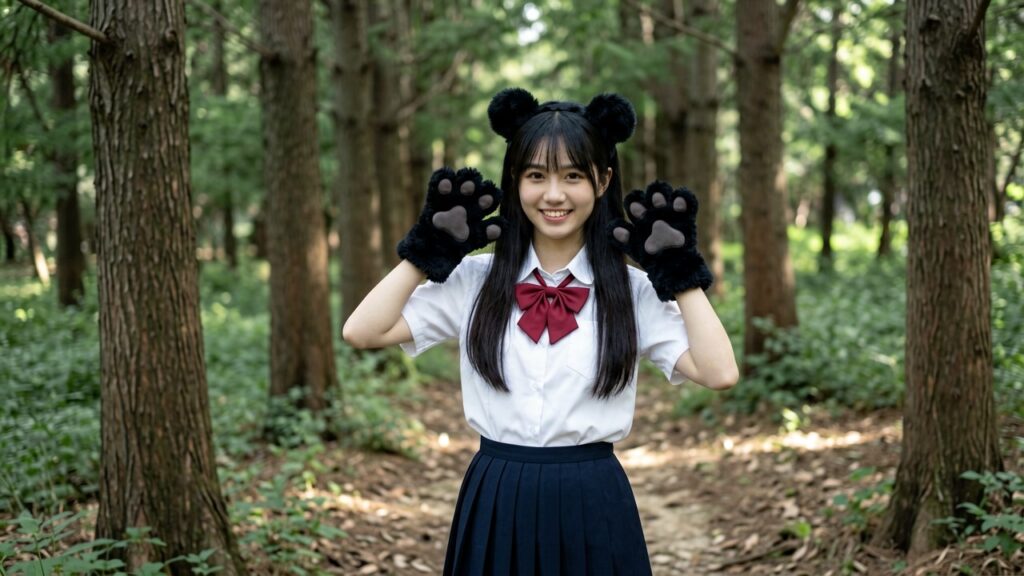 ERNIE-Imageで生成した画像の例（黒い熊がモチーフの女子高生の写真）