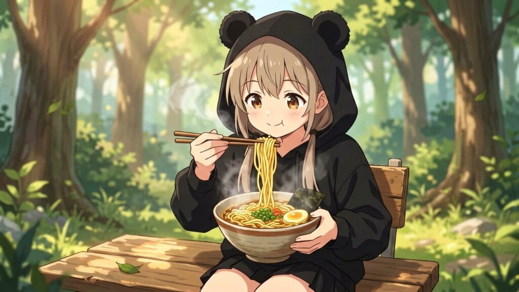 ERNIE-Imageで生成した画像の例（ラーメンを美味しそうに食べるアニメ風美少女1）