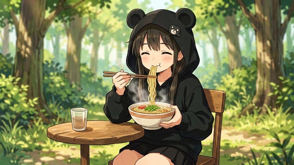ERNIE-Imageで生成した画像の例（ラーメンを美味しそうに食べるアニメ風美少女2）
