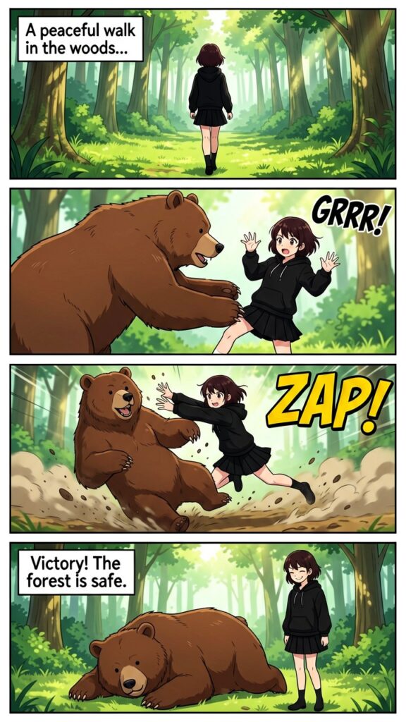 ERNIE-Imageで生成したマンガの例（森を歩いていた美少女がクマに襲われるが、逆にやっつける）