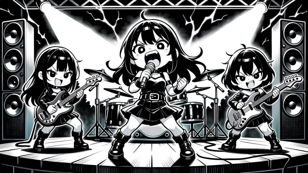 Anima+オリジナルのLoRAで生成したイラストの例（ガールズメタルバンドの猛烈な演奏）