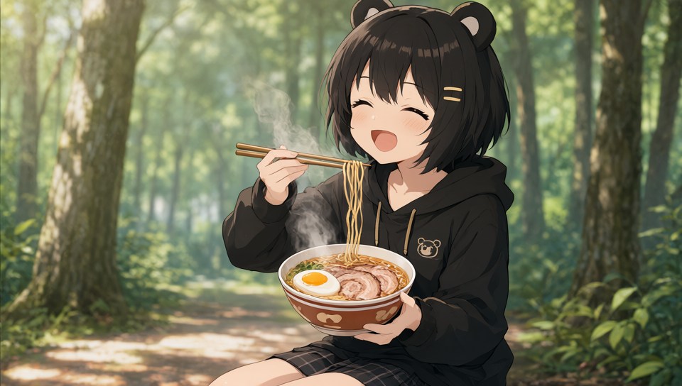 Qwen-Image-2.1で生成した、森でラーメンを食べる女の子の美少女イラストの例（1）