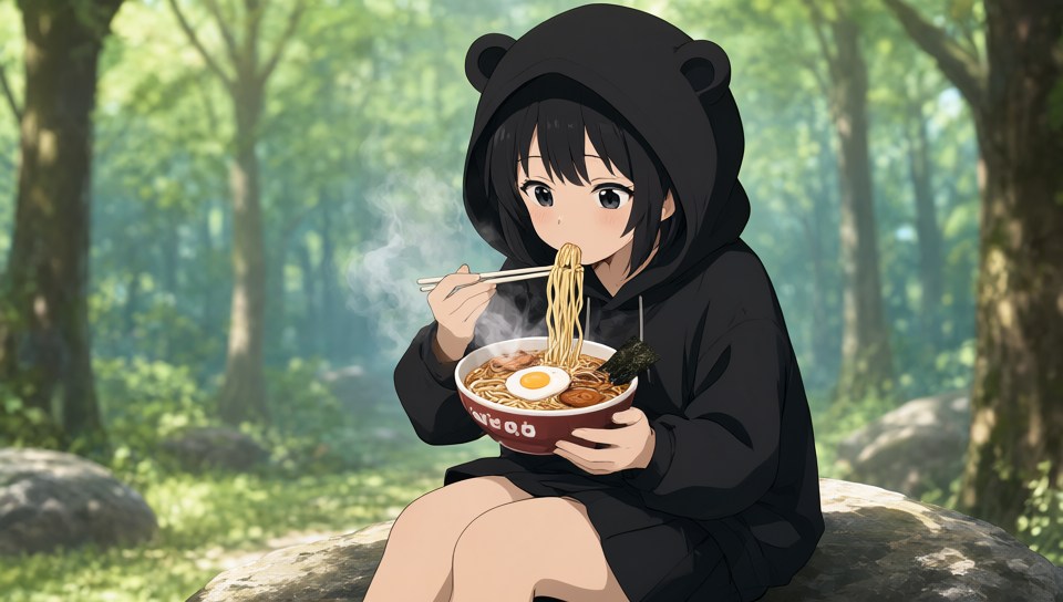 Qwen-Image-2.1で生成した、森でラーメンを食べる女の子の美少女イラストの例（2）