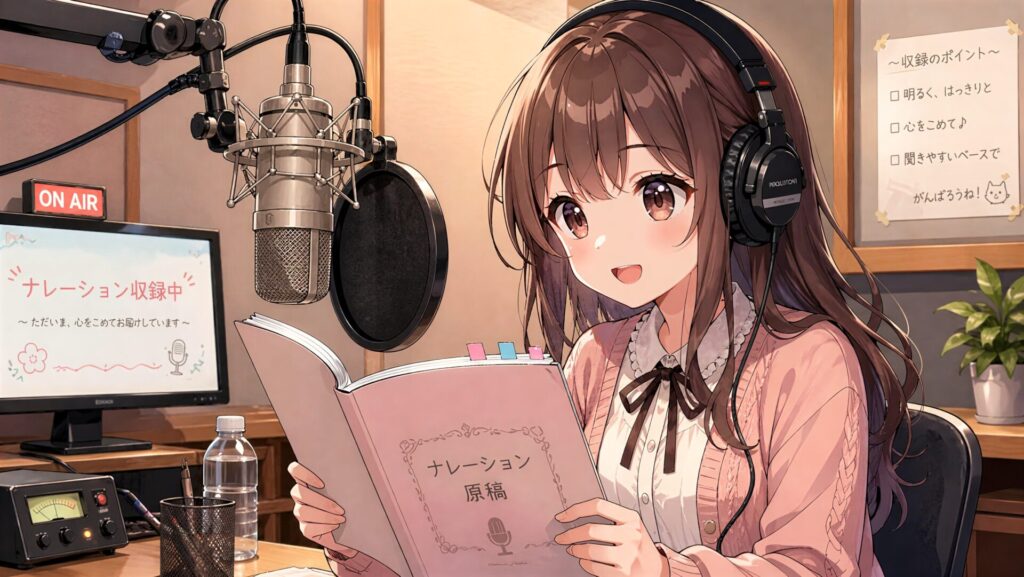 ナレーション収録中の女の子の美少女イラスト（アップスケール後）