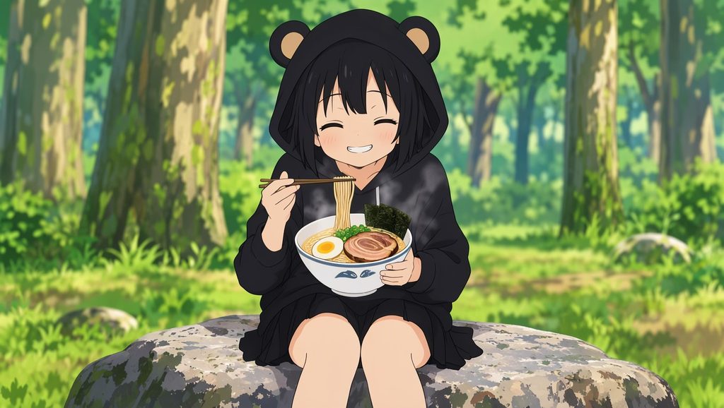 MOSS-Imageで生成した、森でラーメンを食べている女の子のアニメ風イラスト