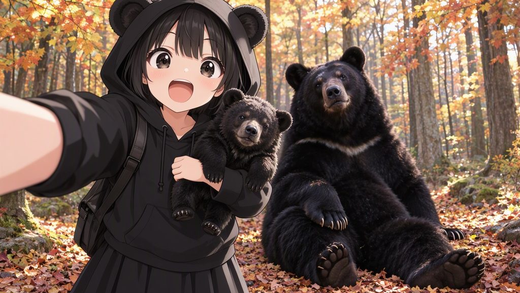 紅葉した森で黒熊の親子と一緒に自撮りしている女の子の画像（アニメキャラ＋リアル背景）