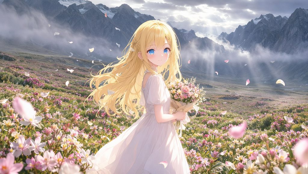花が咲き誇る神秘的な高原に佇む美少女の画像（アニメキャラ＋リアル背景）
