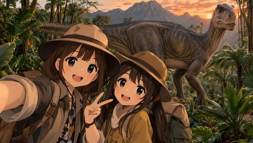 恐竜の前で自撮りしている女の子たちの画像（アニメキャラ＋リアル背景）
